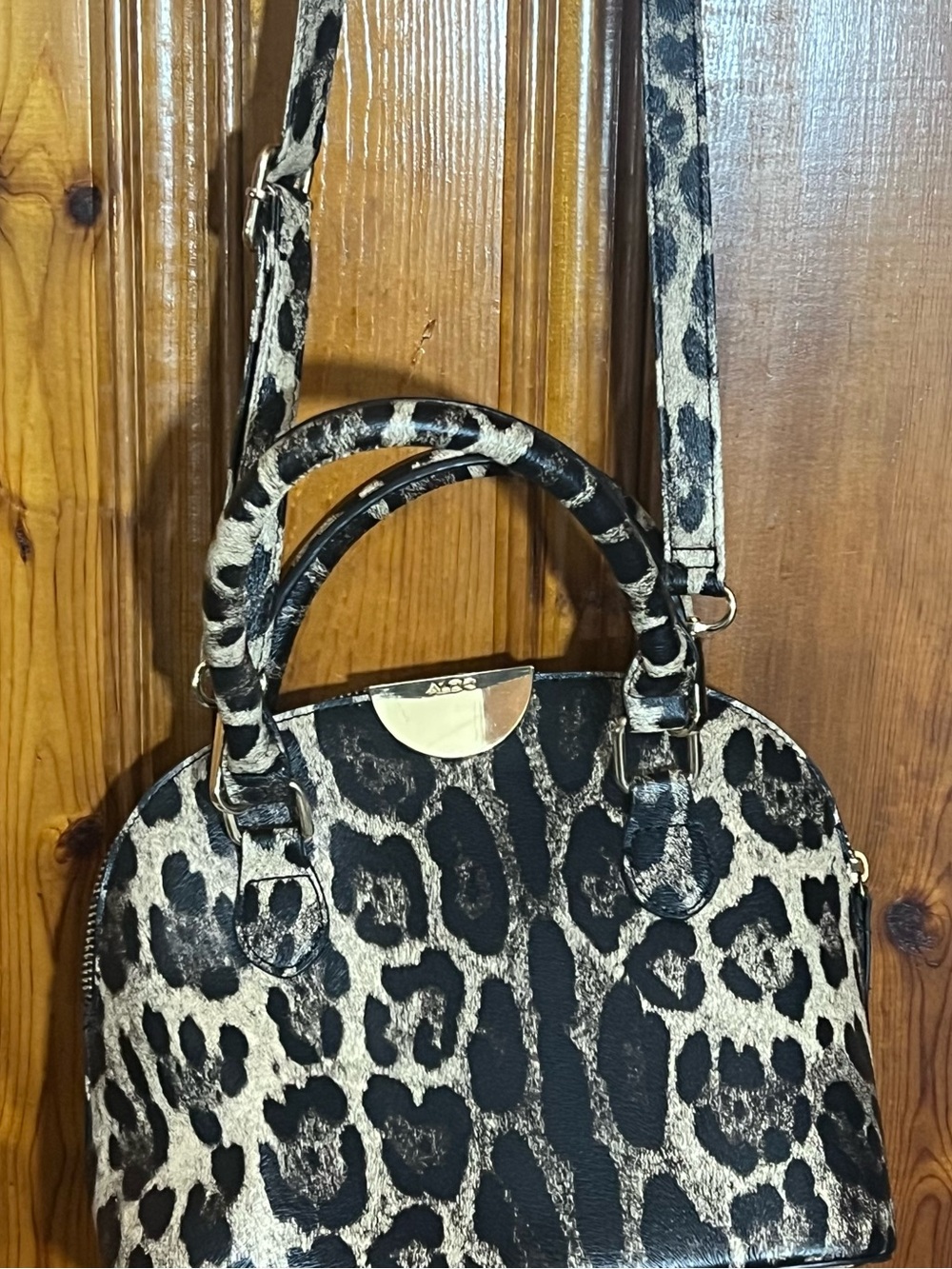 Leopard Print Dome Satchel Handbag - Black crossbody